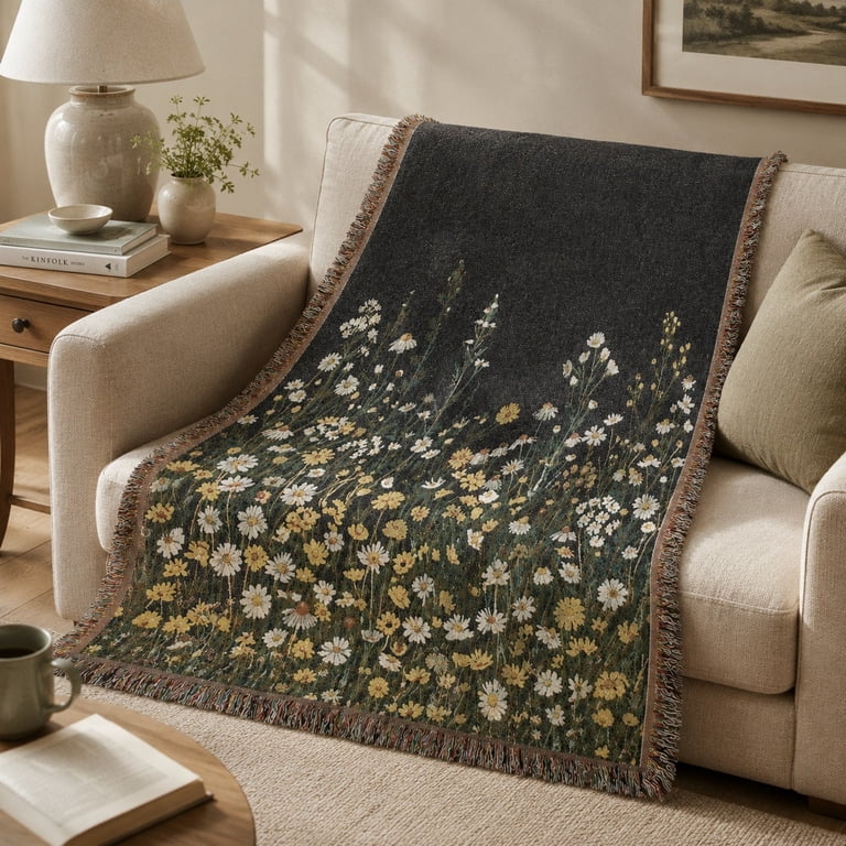 Charcoal Wildflower Meadow Woven Blanket, 100% Cotton, Botanical ...