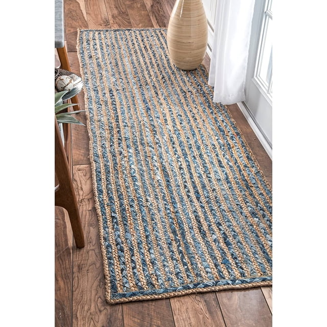 Aizza Trends Hand Made Hand Braided Natural Jute and Denim Floor Runner Rug | Floor Rug | Table Runner Rug