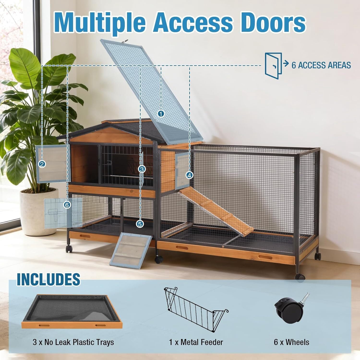 MEDEHOO Rabbit Hutch Indoor, 62’’ Bunny Hutch Outdoor with All-Around Metal Frame, Mobile Rabbit House with Wheels, Wooden Bunny Cage with Leakproof Tray, Chew-Proof Ramp for Guinea Pig(Orange)