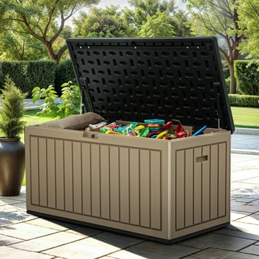ModFusion 90 Gallon Outdoor Patio Deck Box, Waterproof Large Storage Container for Furniture and Garden Tools, Black Brown