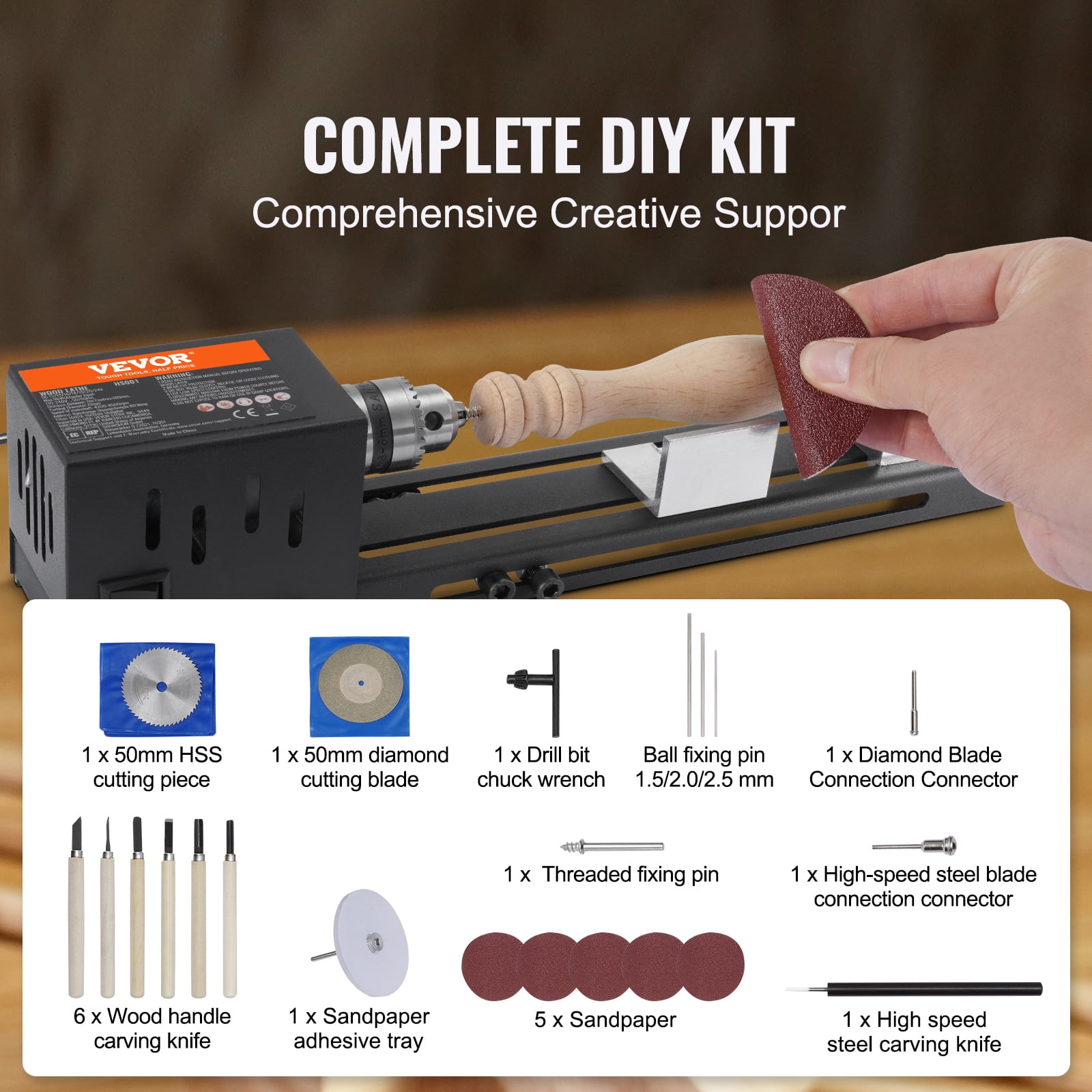 SKYSHALO Mini Lathe Machine 24V 96W Mini Wood Lathe Tools 2.76 in x 6.3 in 7 Speeds