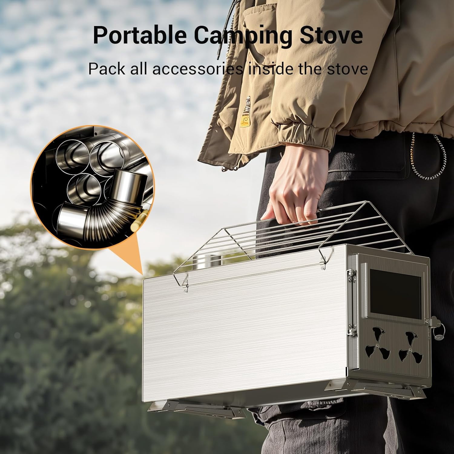 SLSY Hot Tent Stove, Camping Wood Stove for Tent, Portable Stainless Steel Wood Burning Stove with 7 Chimney Pipes for Wall Tent Camping, Cooking, Hunting, Boiling Water，Ice Fishing - Large