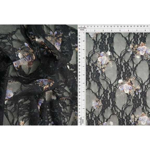 Polyester Spandex Lace Digital Floral Print   Blk /Purple  3 Yard Precut