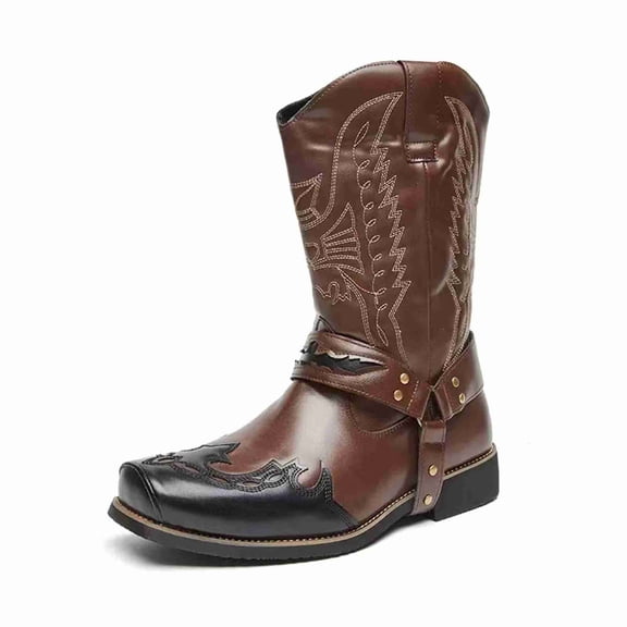 Men's Western Cowboy Boots, with Embroidery & Harness Strap, Non-Slip Durable Outsole, Casual Fashion Riding Boots for Men