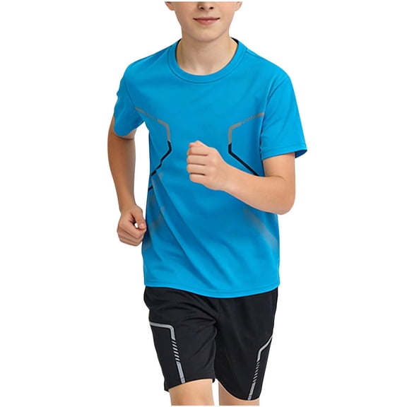 Tdoqot Boys Summer Active Sets- Breathable Short Sleeve Quick Dry Kids T Shirts and Shorts Athletic Outfits Blue Size 8-14
