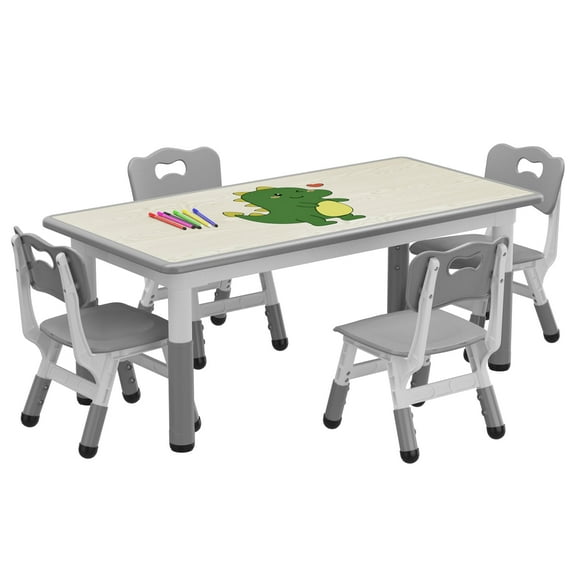 Luku Height Adjustable Toddler Table with 4 Chairs Set, Non-Slip Legs,Graffiti Desktop Children Activity Table for Daycare Classroom Home
