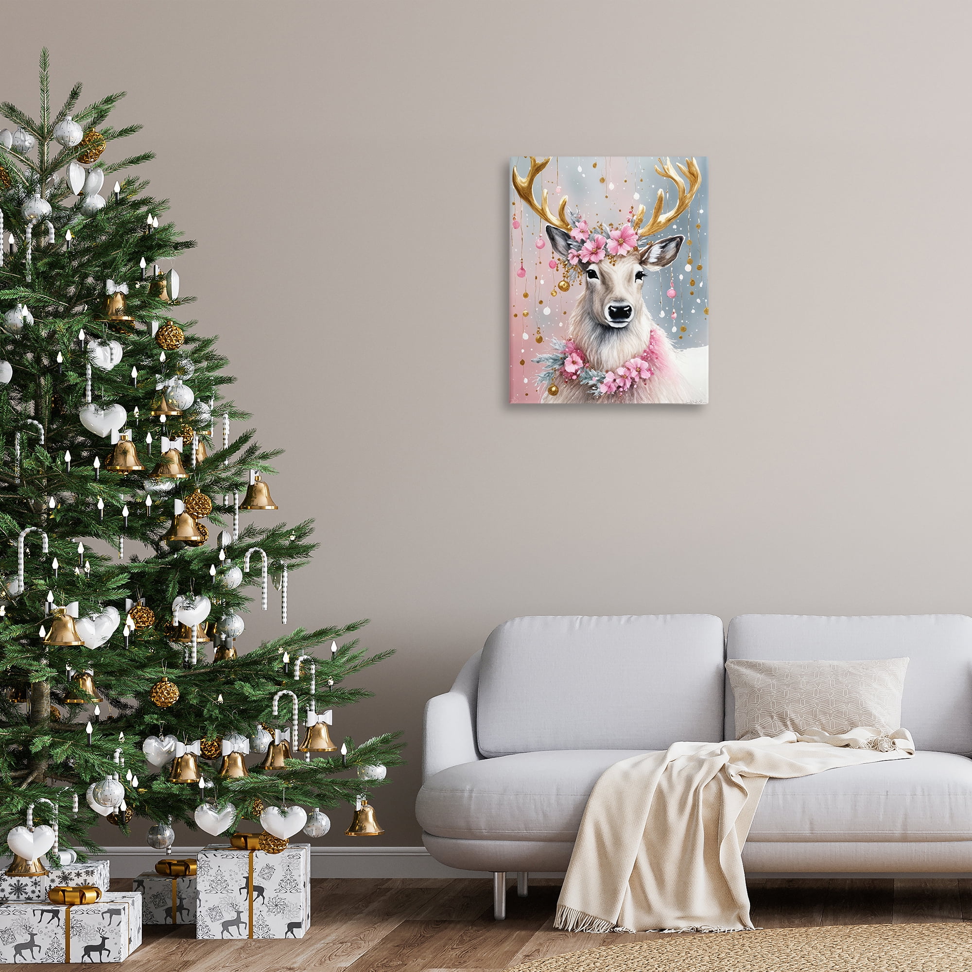 Stupell Industries Pink Floral Festive Reindeer Holiday Painting Gallery Wrapped Canvas Art Prints Wall Art, 24 x 30