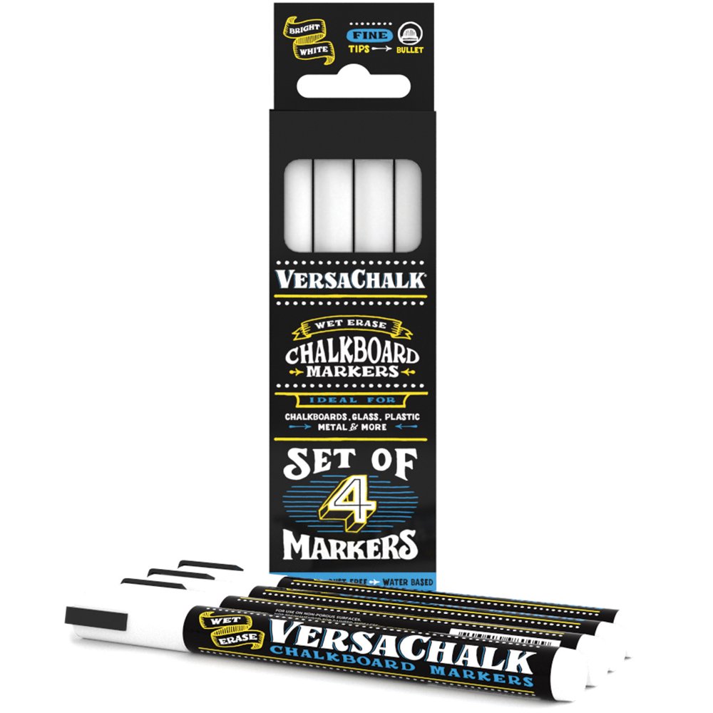 VersaChalk Liquid Chalk Markers Bright White, 3mm Fine Tip, 4 Pack