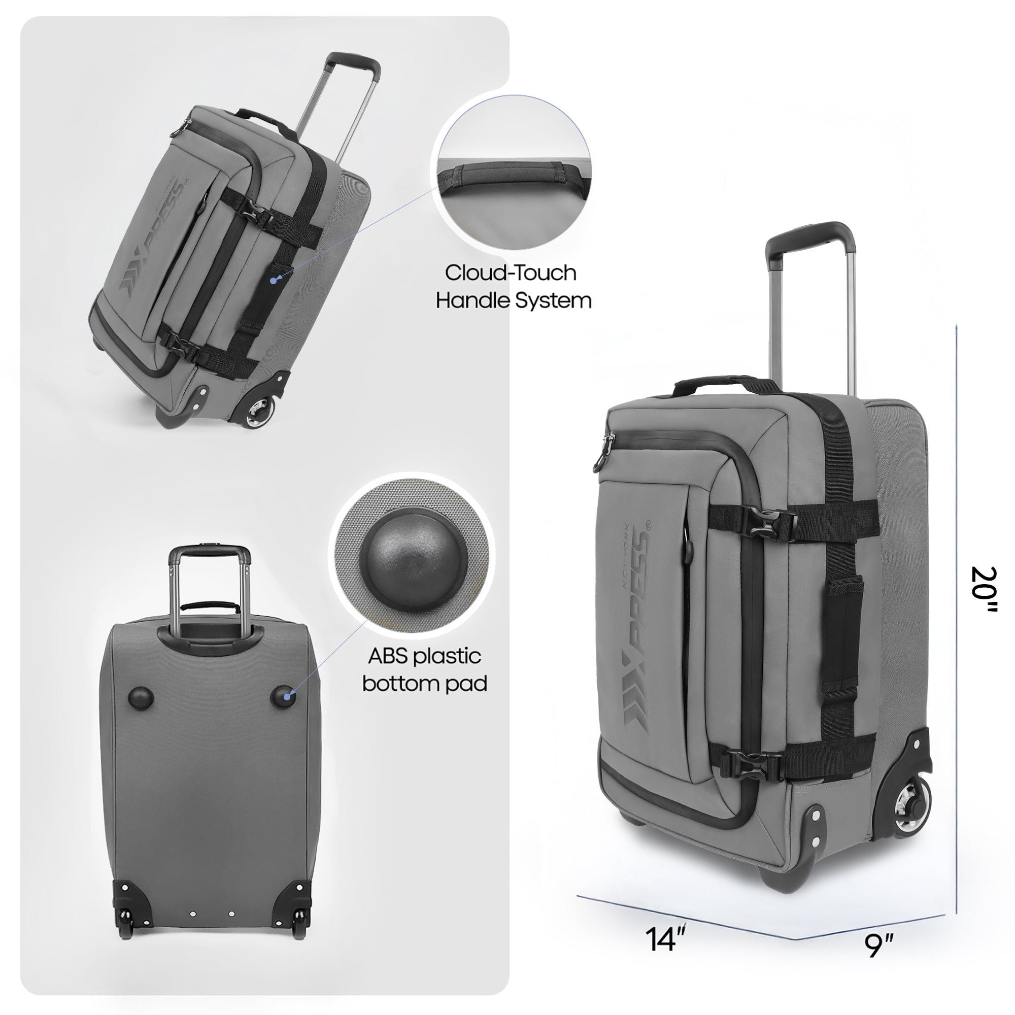 20" Carry On Luggage Airline Approved,Softside Suitcase with Wheels Heavy-Duty Waterproof Wheeled Luggage Bag, Grey - TA069