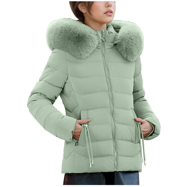 hoksml Warm Winter Coats for Women, Puffer Jacket Solid Color Long-sleeved Short Faux Fur Hooded Down Jacket