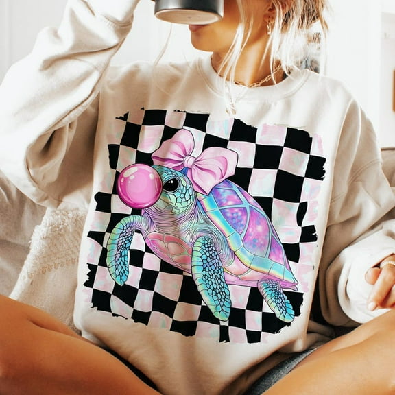 Sea Turtle Summer Sweatshirt, Funny Brushstroke Pullover, Girly Toddler Sweater, Pink Coquette Turtle Sweatshirt, Cute Beach Outfit