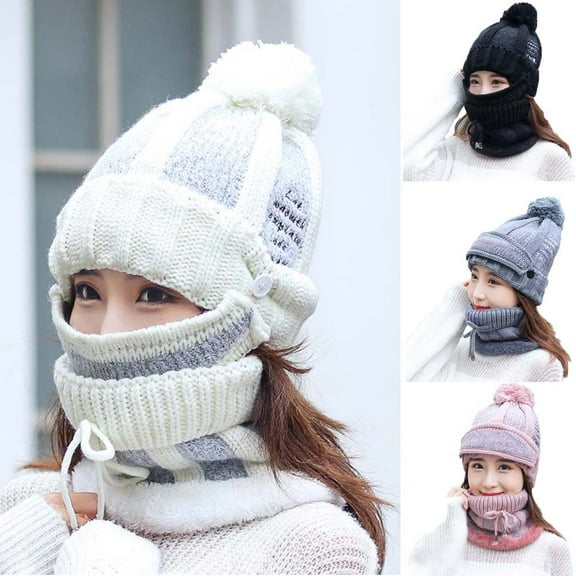 SPRING PARK Women Lady Thick Beanie Hat Bobble Scarf Face Cover Set Knitted Winter Warm Snow Ski Cap