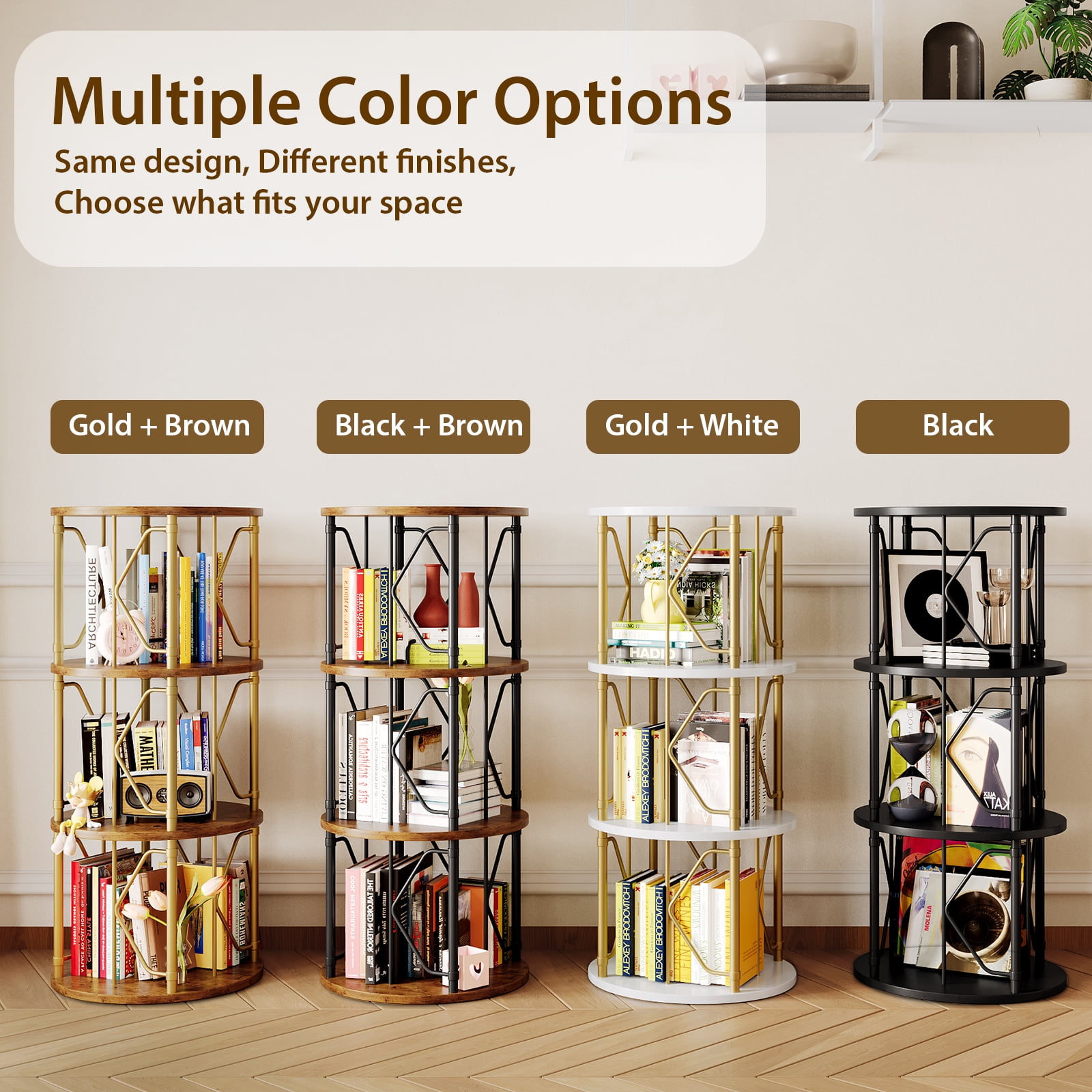 LLappuil 3 Tier Rotating Bookshelf, 360° Display Swivel Bookcase, Corner Bookshelf for for Bedroom, Living Room White