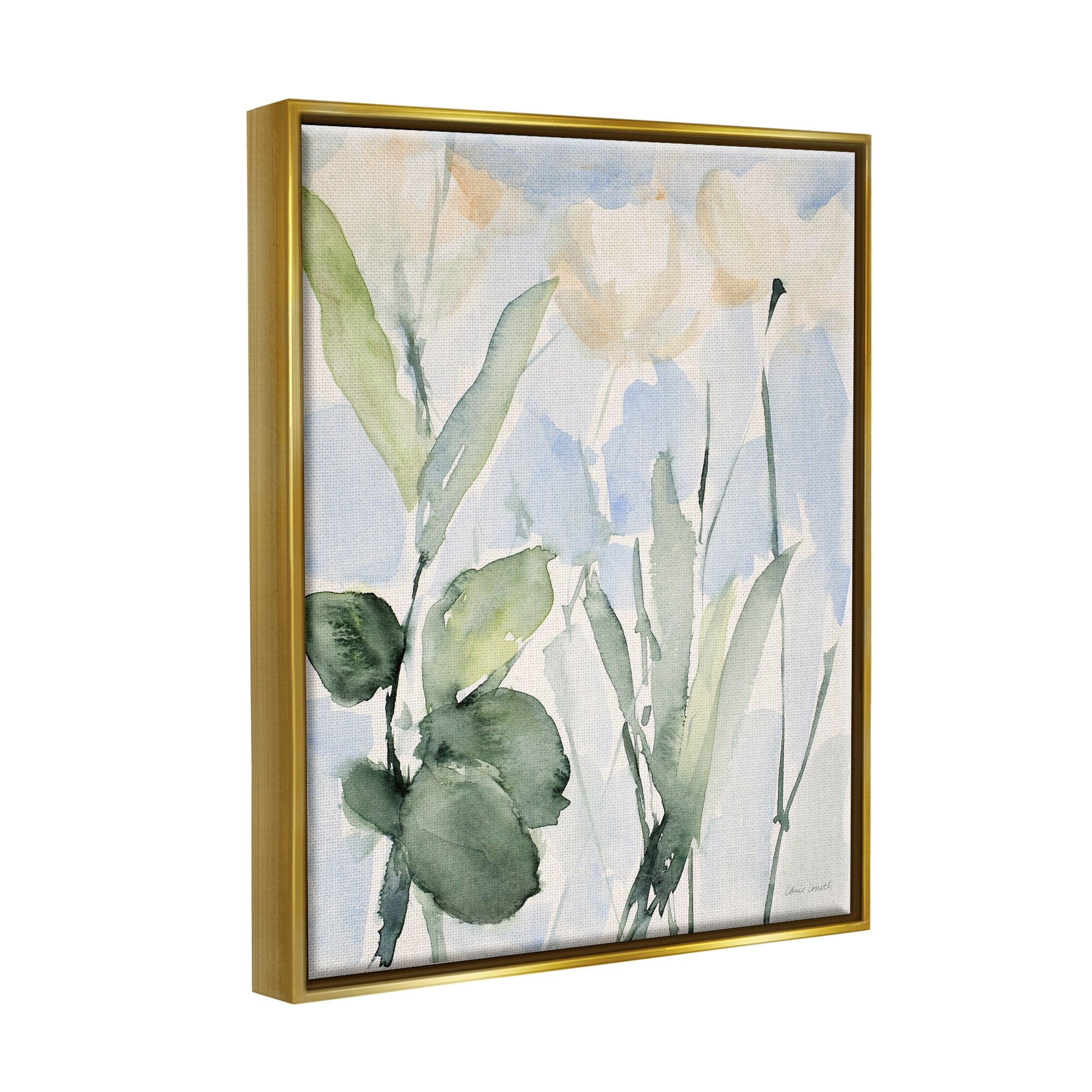 Stupell Industries Abstract White Flowers Leaves Watercolor Effect Brushstrokes Painting Metallic Gold Floating Framed Canvas Print Wall Art, Design by Lanie Loreth