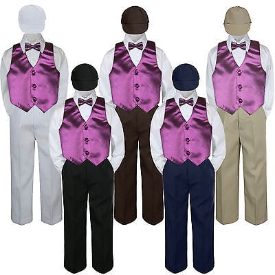 

5pc Eggplant Vest & Bow tie Hat Suit Set Formal Baby Boy Toddler Kid Uniform S-7