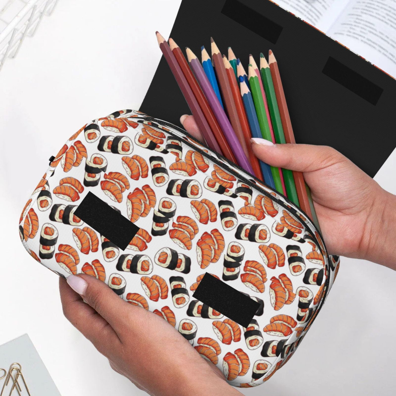 Rateoe Sushi Roll Pattern Double Clamshell Pen Case, Storage Organizer with Two Zipper Compartments– Holds Up to 50 Pencils & Pens