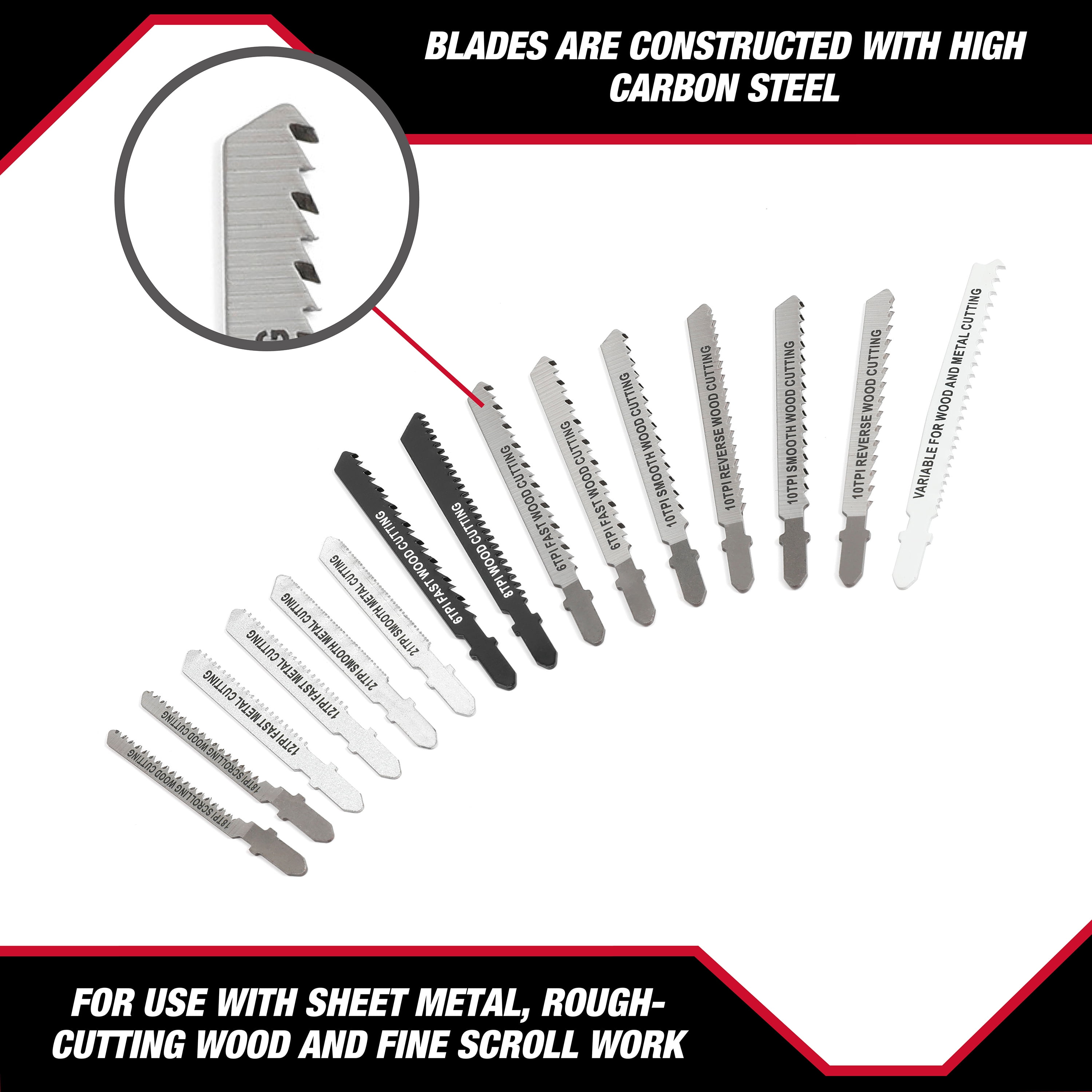 Hyper Tough 15-Piece T-Shank Jigsaw Steel Blade Set in Click Fit™ Case, Model 42984CF