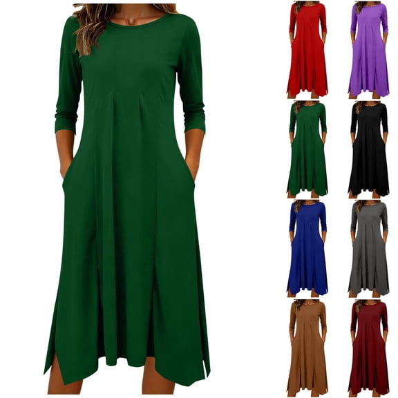 Vibrex Plus Size Dresses Womens Solid Color Round Neck Long Sleeved Loose Mid Calf Nightgown Solid Maxi Dress Green_S