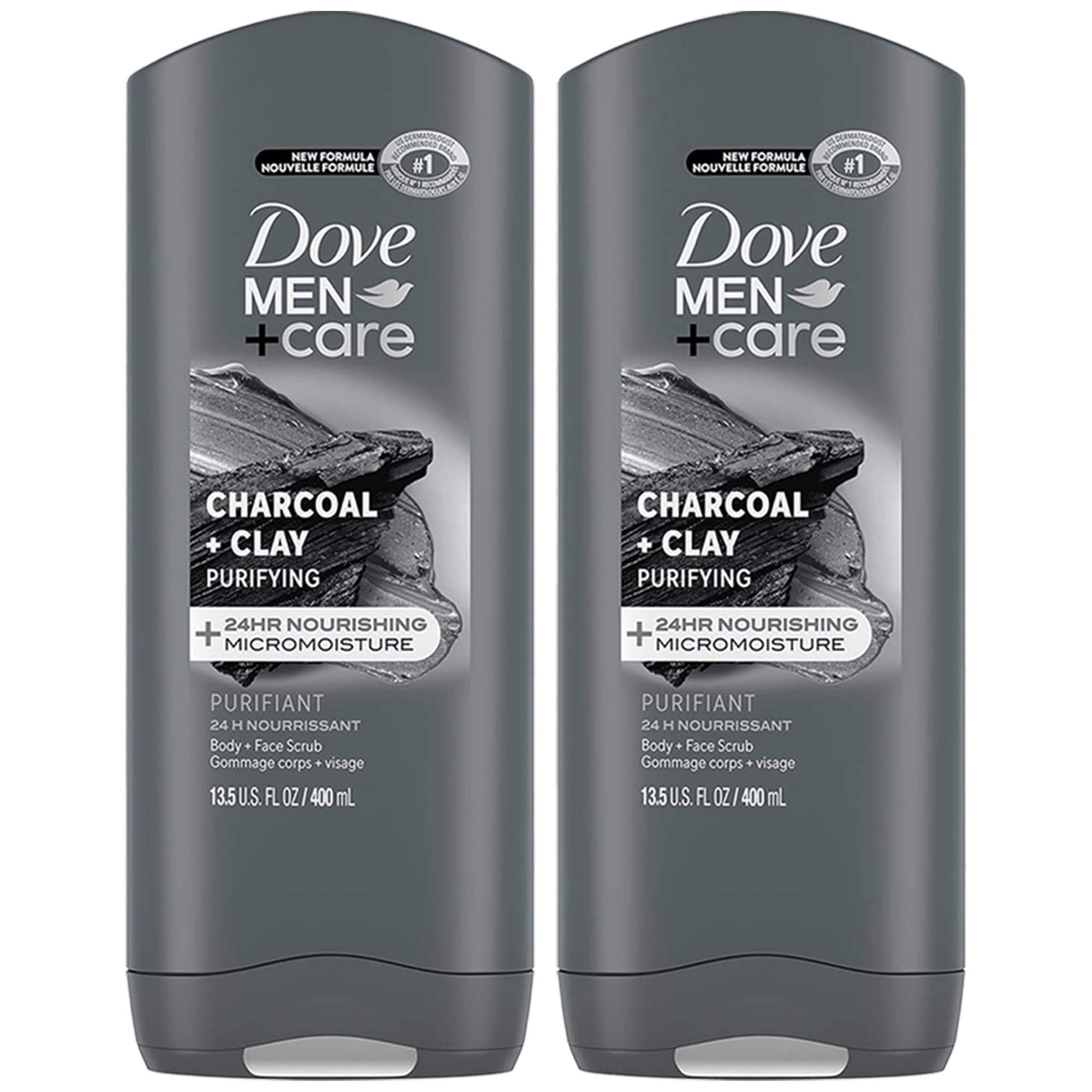 2-Pack DOVE MEN + CARE Purifying Charcoal + Clay Body and Face Wash with 24-Hour Nourishing Micromoisture Technology Body Wash for Men, 13.5 oz
