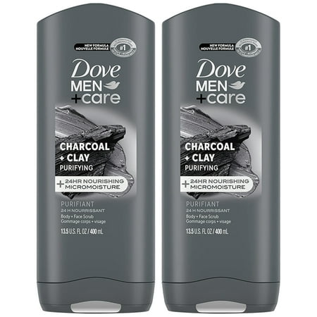 2-Pack DOVE MEN + CARE Purifying Charcoal + Clay Body and Face Wash with 24-Hour Nourishing Micromoisture Technology Body Wash for Men, 13.5 oz