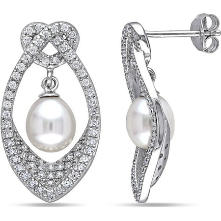 6.5-7mm White Rice Cultured Freshwater Pearl and 1-1/3 Carat T.G.W. Cubic Zirconia Sterling Silver Fashion Earrings