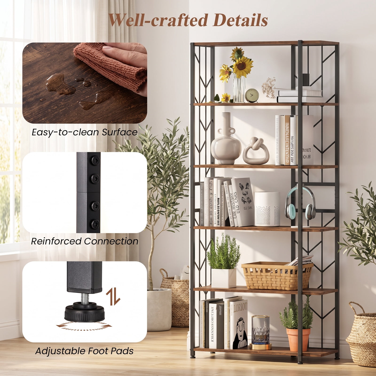 Furnibear 6-Tier Bookshelf Modern Geometric Bookcase with Heavy-duty Metal Frame and Anti-tipping Kits for Living Room Home Office, Rustic Brown