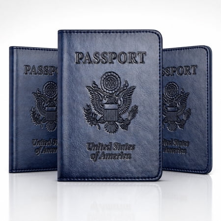 Premium Leather Passport Holder and Vaccine Card Protector | Travel Document Organizer | Navy Blue Pack 3