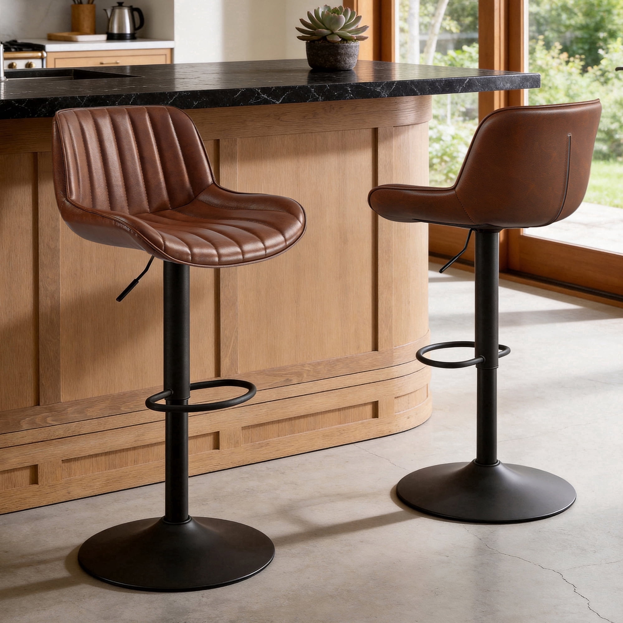 Art Leon Swivel Adjustable‑Height Bar & Counter Stools Set of 2, Channel‑Tufted PU Leather, Cognac