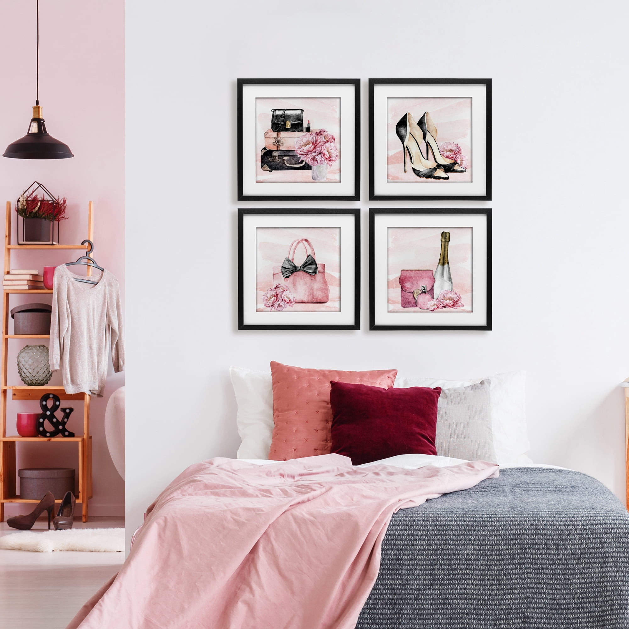 Stupell Industries Glam Time Accessories 4 Piece Black Framed Print Under Glass Set, design by Kim Allen