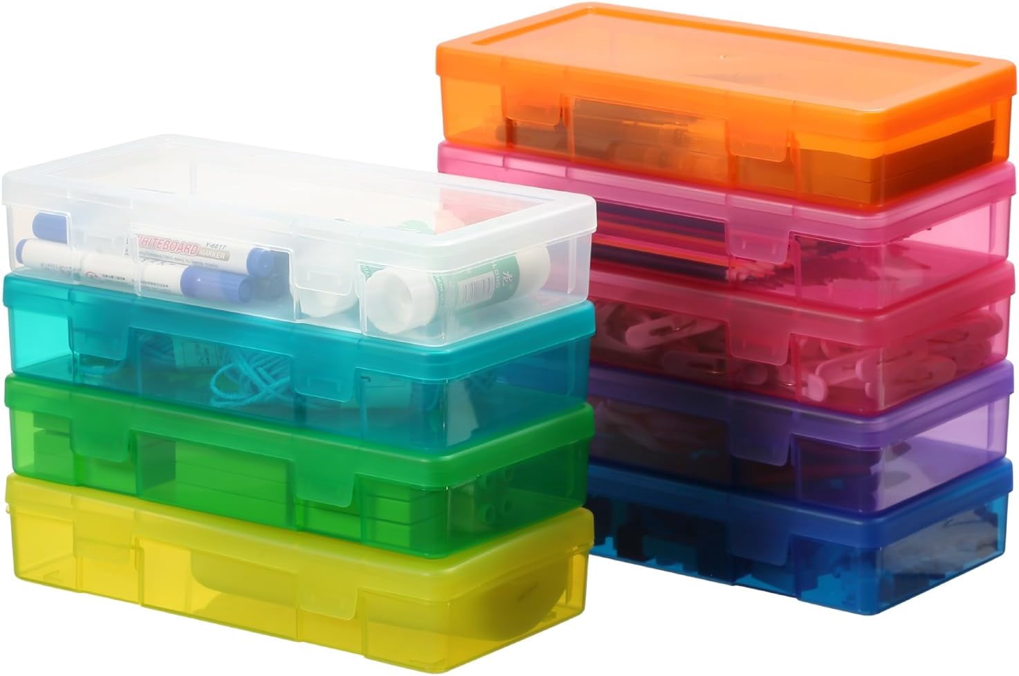 Plastic Small Storage Bins with Lids for Organizing, Mini Clear Storage Containers and Stackable Storage Box Organizer for Pencil Boxes, Task Boxes, Crayon Boxes (9 Pack Medium -Color)