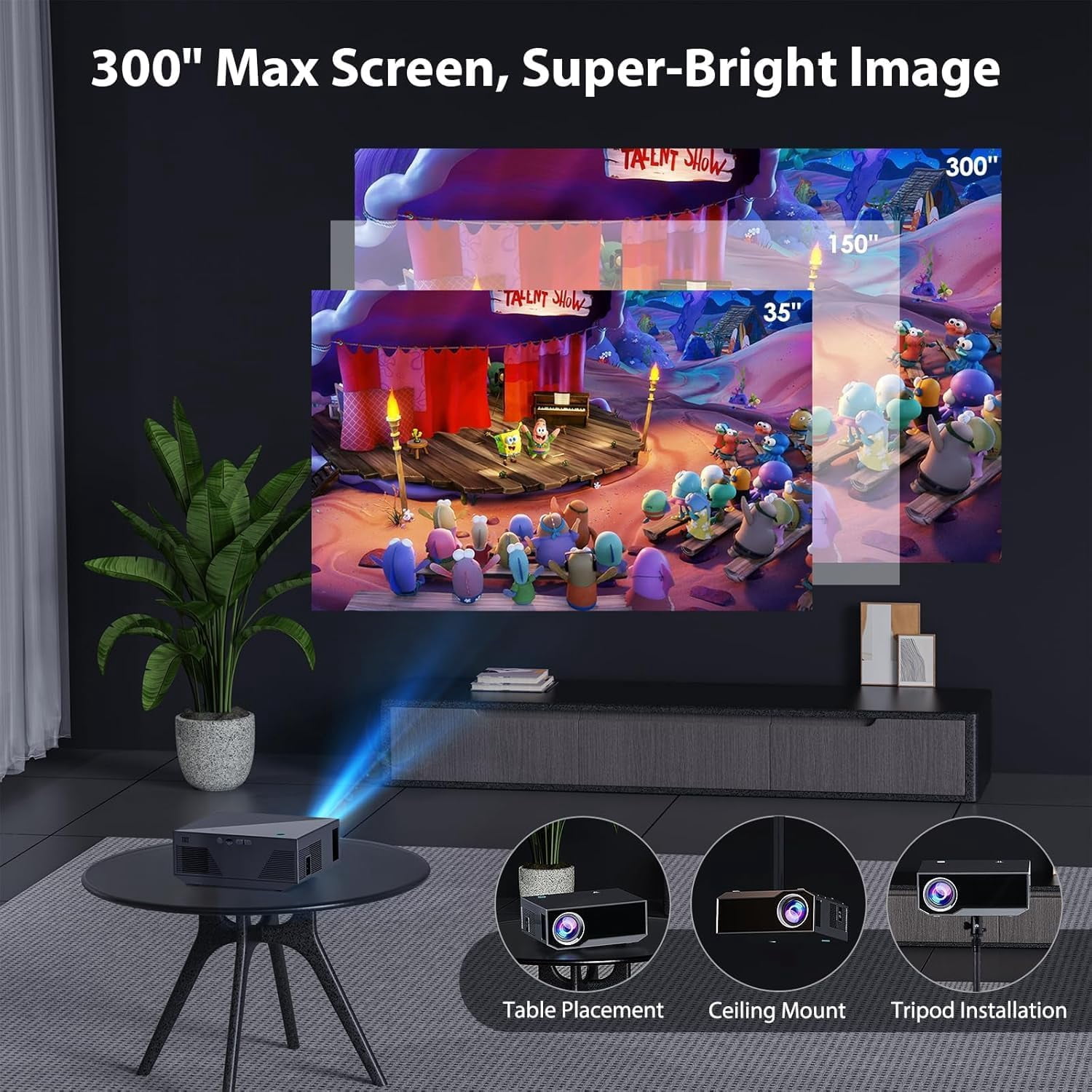 Projector with WIFI and Bluetooth, 1080P Native Full HD Video Projector, 18000L Movie Projector, 300" Max Bild Compatible with Android/iOS/Laptop/TV Stick/X-Box/HDMI/USB（Grey)