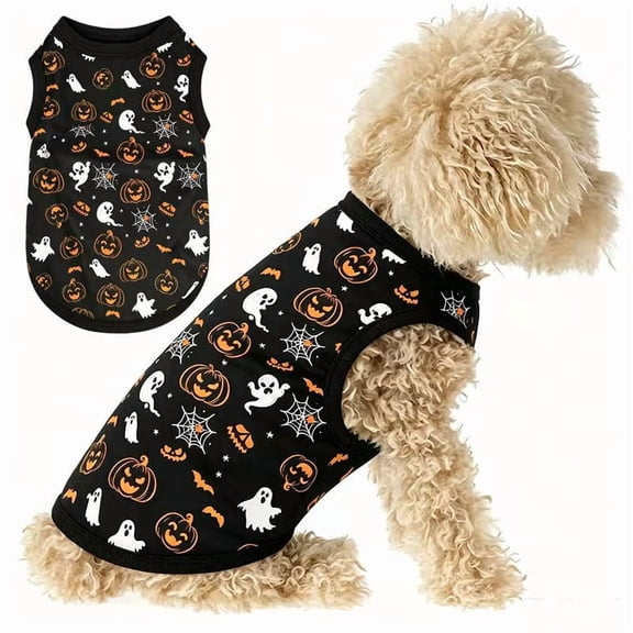 SENHAWK Halloween Dog Sleeveless Tank Vest, Pumpkin Ghost Bat Print Pet Festive Shirt, Breathable Elastic Holiday Apparel, compatible with Small & Medium Dogs, for Halloween Party Dress‑up