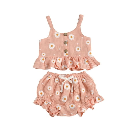 

GRNSHTS Toddler Baby Girl Shorts Outfits Daisy Print Ruffles Halter Crop Vest Tops Short Pants Set Summer Clothes
