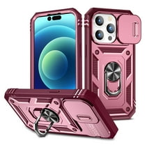 Military Grade Drop Impact for iPhone 15 Pro Camera Lens Slide Protection Case 360 Metal Rotating Ring Kickstand Holder Armor Shockproof Case For iPhone 15 Pro, Red Pink