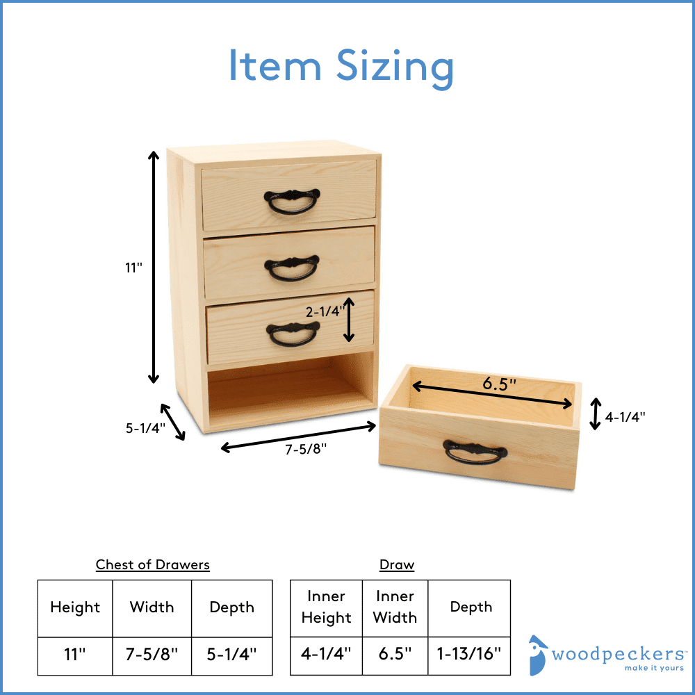 Wood Desk Organizer with Drawers for DIY Desk Storage, 11 Inch, Pack of 1, 4 Drawers w/ Metal Handles for Craft Supplies/Jewelry, by Woodpeckers