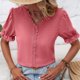 thumbnail image 2 of Tops de manga corta con cuello en V para mujer con ribete de encaje, color puro, suave, agradable a la piel, transpirable, camisetas de moda para camafeo diario marrón M, 2 of 6