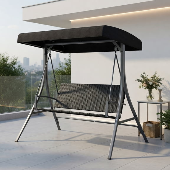Spaco 3-Person Outdoor Porch Swing with Adjustable Canopy, Heavy-Duty Metal Frame, PE Rattan Wicker Seat & Back, Black