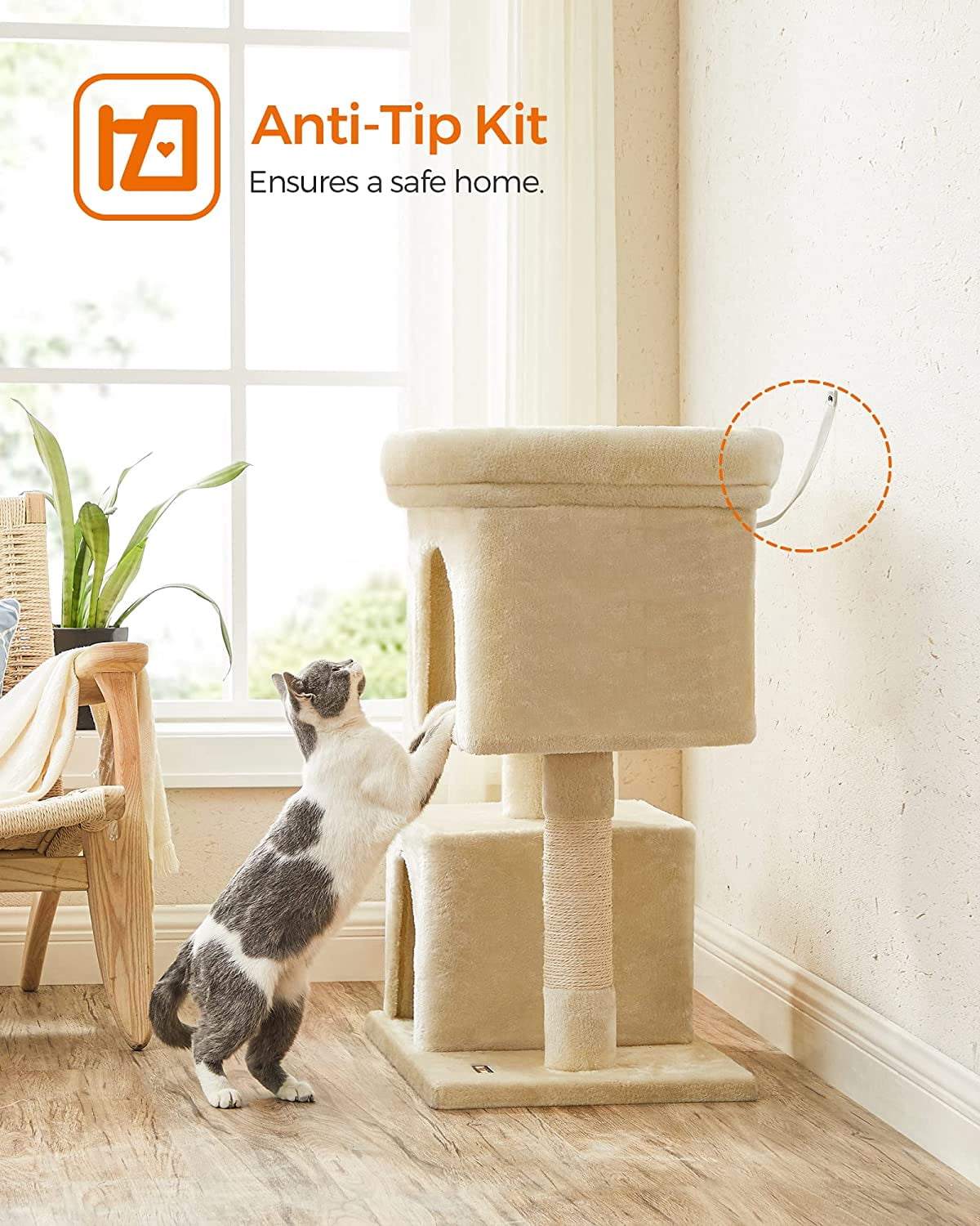 Cat Tree 33.1-Inch Cat Tower for Large Cats up to 16 lb, Large Perch, 2 Cat Caves, Scratching Post, Beige