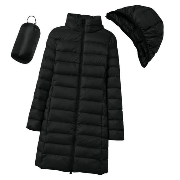 Women's Slim Fit Mid-Length Puffer Coat, Detachable Hood Down Jacket, Long Sleeve Zipper Jacket, Casual Winter Coat, Warm Tapered Coat Black L