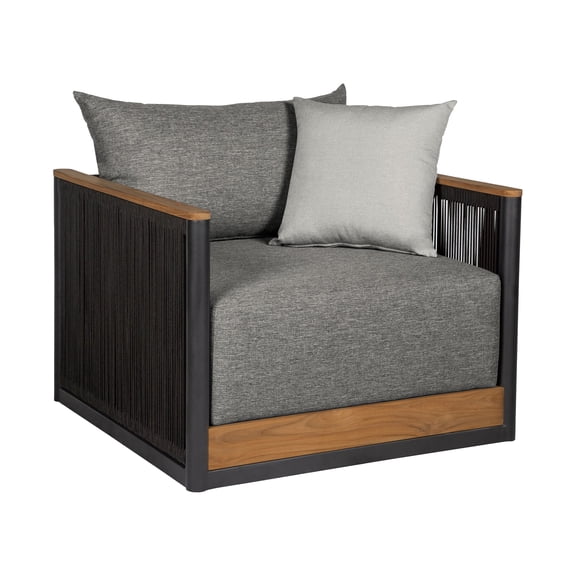 Artesia Outdoor Patio Sofa in Teak Wood and Black Rope with Dark Gray Cushions