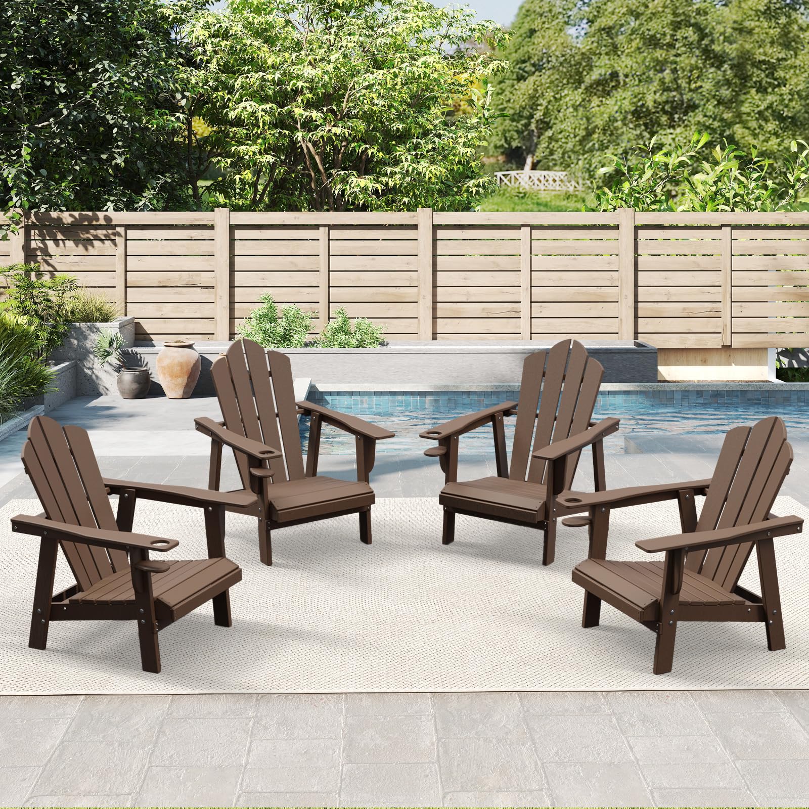 Tappio HDPE Adirondack Chair Set of 2, Patio Seat All Weather Outdoor Patio Chair with Cup Holder for Lawn Yard Fire Pit, Brown