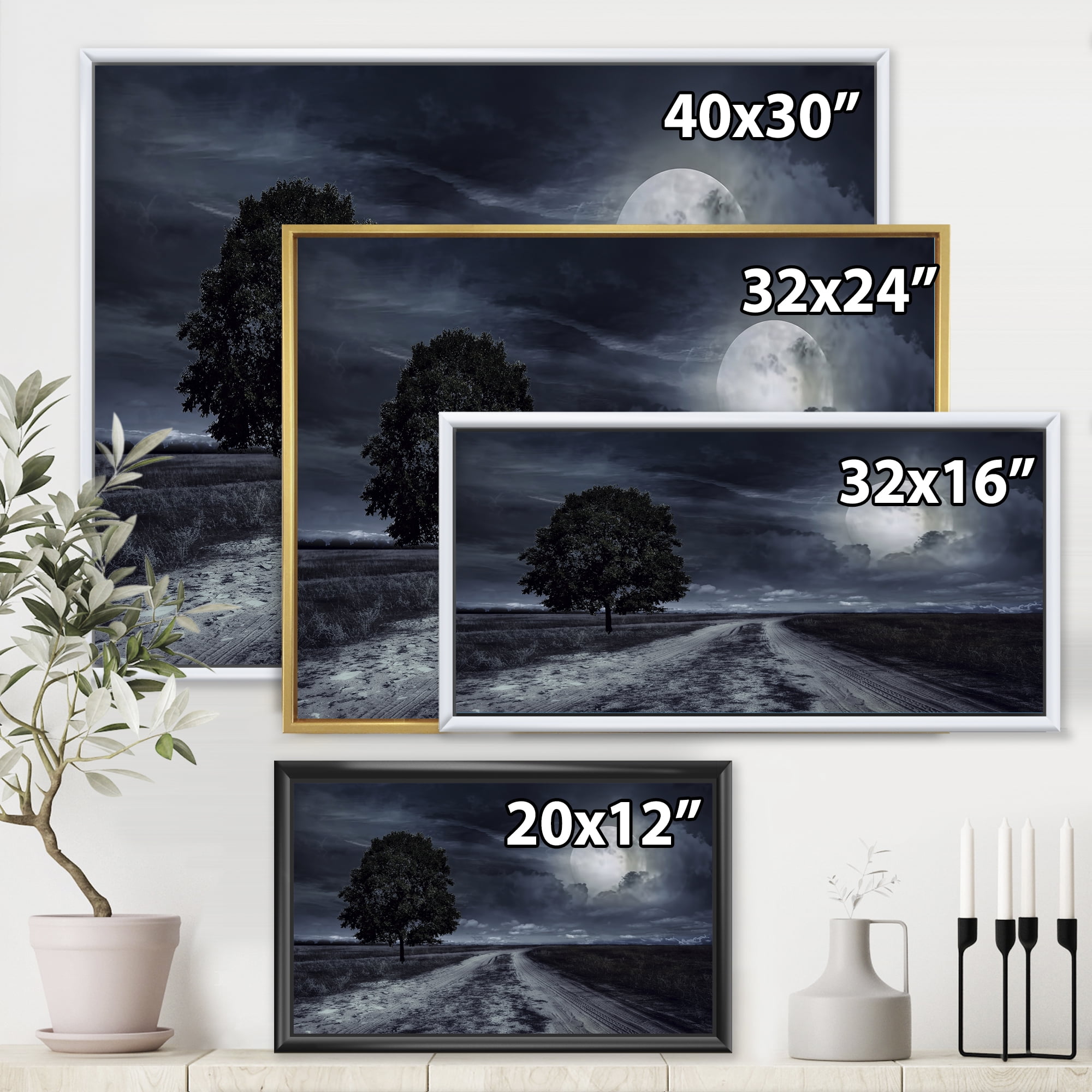 Designart 'A Full Moon Over Paved Road' Nautical & Coastal Framed Canvas Wall Art Print