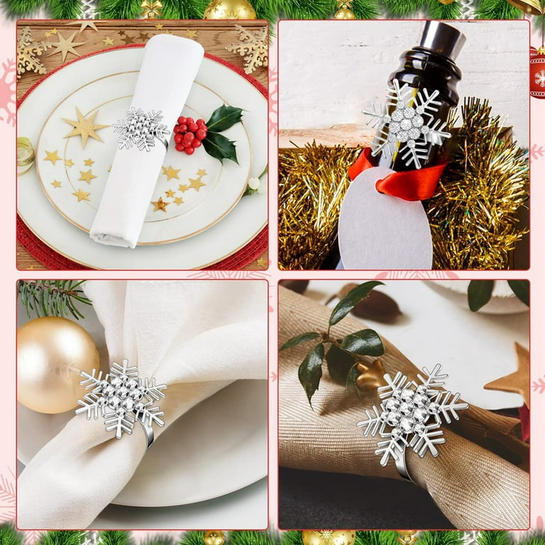 Leaveforme Snowflake Napkin Rings Set Xmas Snowflake Napkin Holders Rhinestone Napkin Rings Holder for Christmas Wedding Party Table Supplies Decor (