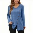 thumbnail image 2 of XPMWRP Women's Fall Fashion Long Sleeve Solid Color Shirt Dressy Casual V Neck Button Blouse Sweater Ribbed Knit Split Tunic Tops Blue XL, 2 of 7