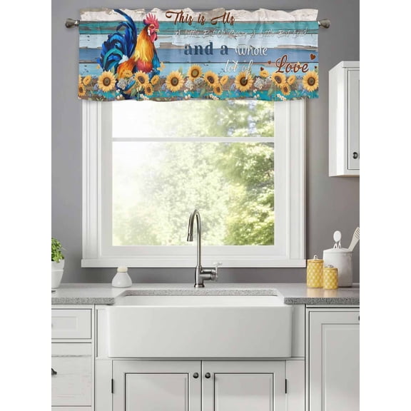 Rustic Chicken Sunflower Valances for Windows,Kitchen Valance Rod Pocket Short Curtain,Farmhouse Animal Vintage Wood Plank Valance Curtain Window Valances for Bedroom Living Room 42x12in