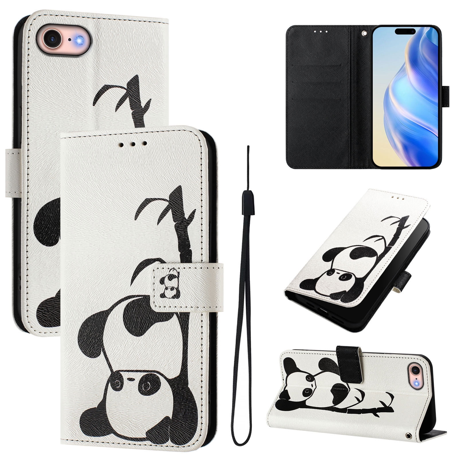 TECH CIRCLE for iPhone SE (3rd/2nd Generation) / iPhone 8/7 Case (4.7-Inch), Cute Cartoon Flip Wallet Phone Case with Lanyard, Built-in Card Slots & Stand Function, Portable Lightweight Cover, Panda
