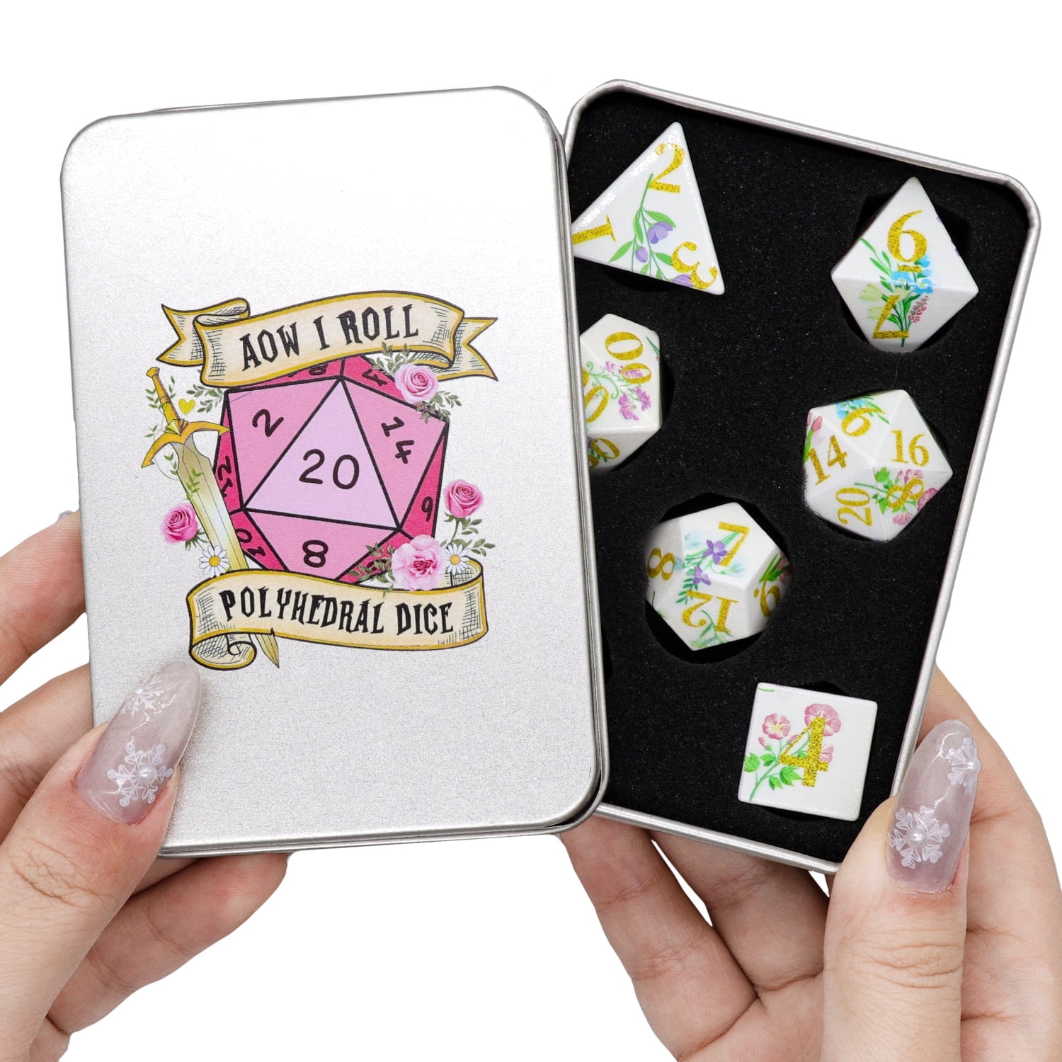SWAJUJA DND Dice Set, 7 Piece Sharp Edge Polyhedral Dice with Metal Box, Floral Theme Design for Dungeons and Dragons