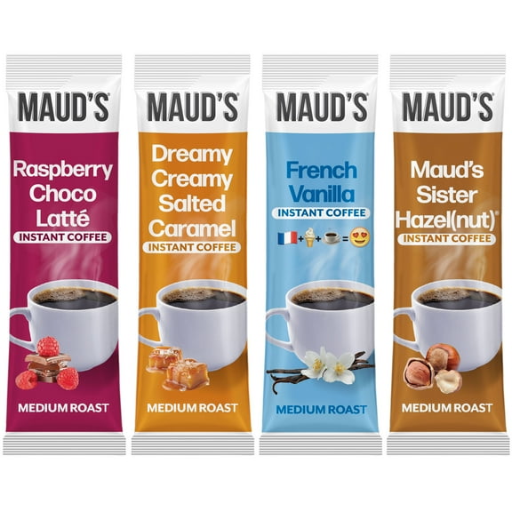 Maud's Flavored Instant Coffee Variety Pack, 24 ct, Caramel, Hazelnut, Raspberry, Vanilla, 100% Arabica Coffee, Medium Roast, Instant Hot or Iced Coffee - Just add water