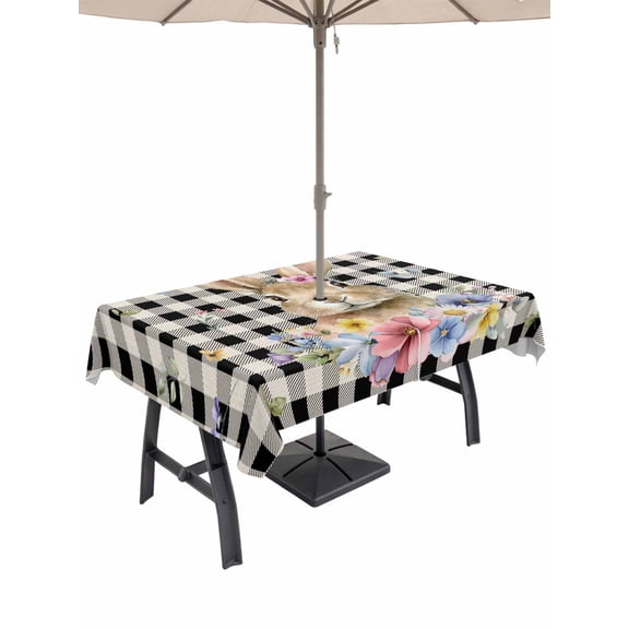 Outdoor Tablecloth with Umbrella Hole and Zipper, Bunny Easter Rectangle Table Cloth 60x84 Inch Waterproof Tablecloth, Black Plaid Spring Floral Pastoral Retro Art Picnic Table Cover for Patio