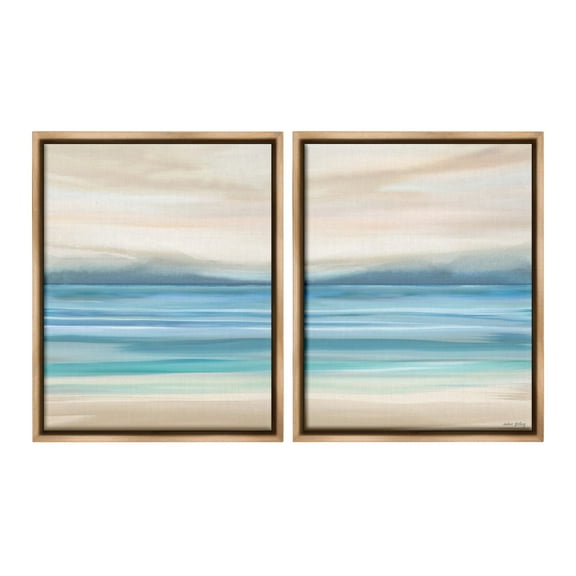 Stupell Industries Subtle Beach Seascape Landscape Painting Brown Floater Framed Canvas Art Print Wall Art, 17 x 21, Set of 2